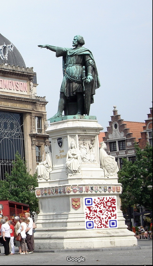 Photo of the Jacob van Artevelde statue with a QR code